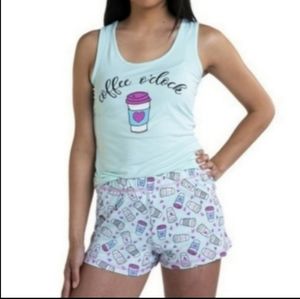 Coffee O`Clock Blue Coffee Cup Print Shorts & Slvls Top 2pc Pajama Set